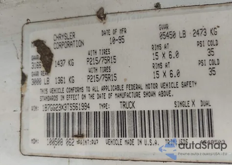 1996 Dodge Dakota из США, поврежденный, VIN 1B7GG23X3TS561994